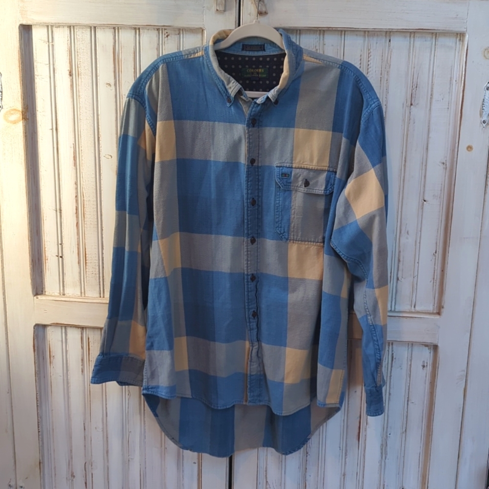 Vintage,Alexander Julian,Colours, denim blue Buffalo check shirt. XL